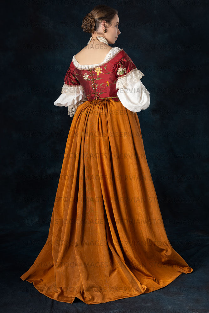 Renaissance or high fantasy woman wearing a red embroidered bodice  (Sarah 710)