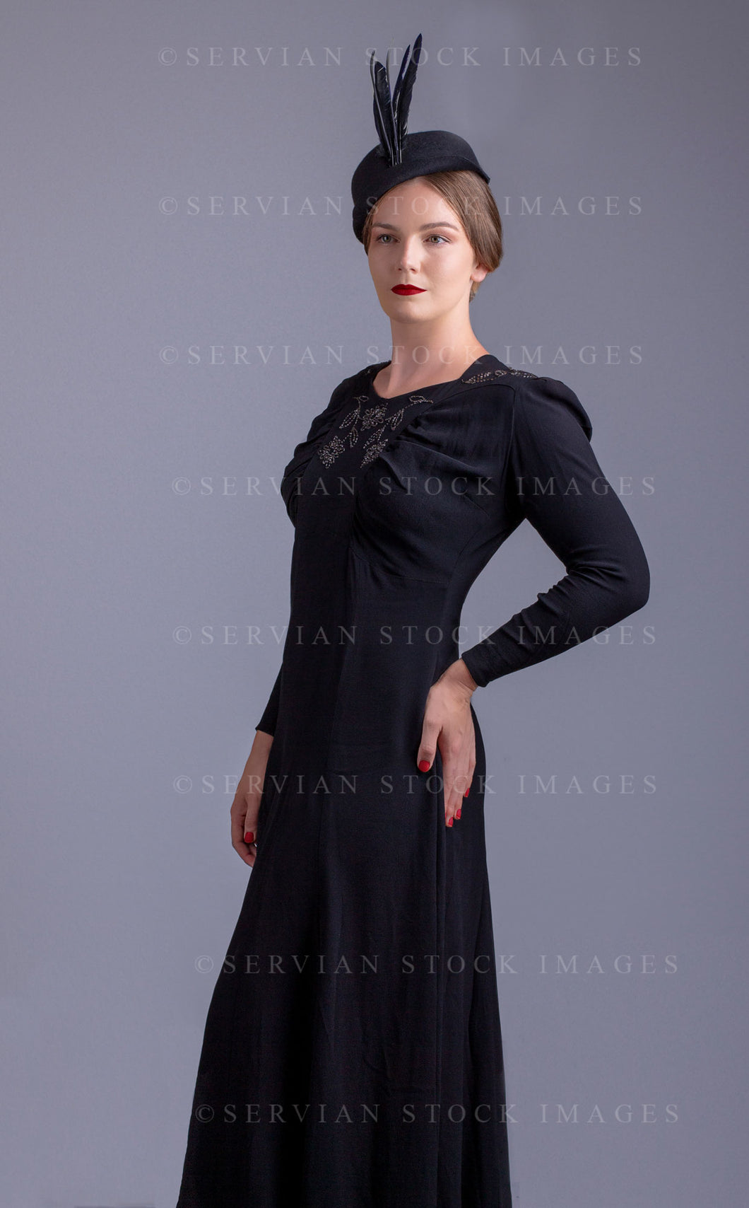 1930s woman in a vintage black, beaded dress (Tayla 0020)
