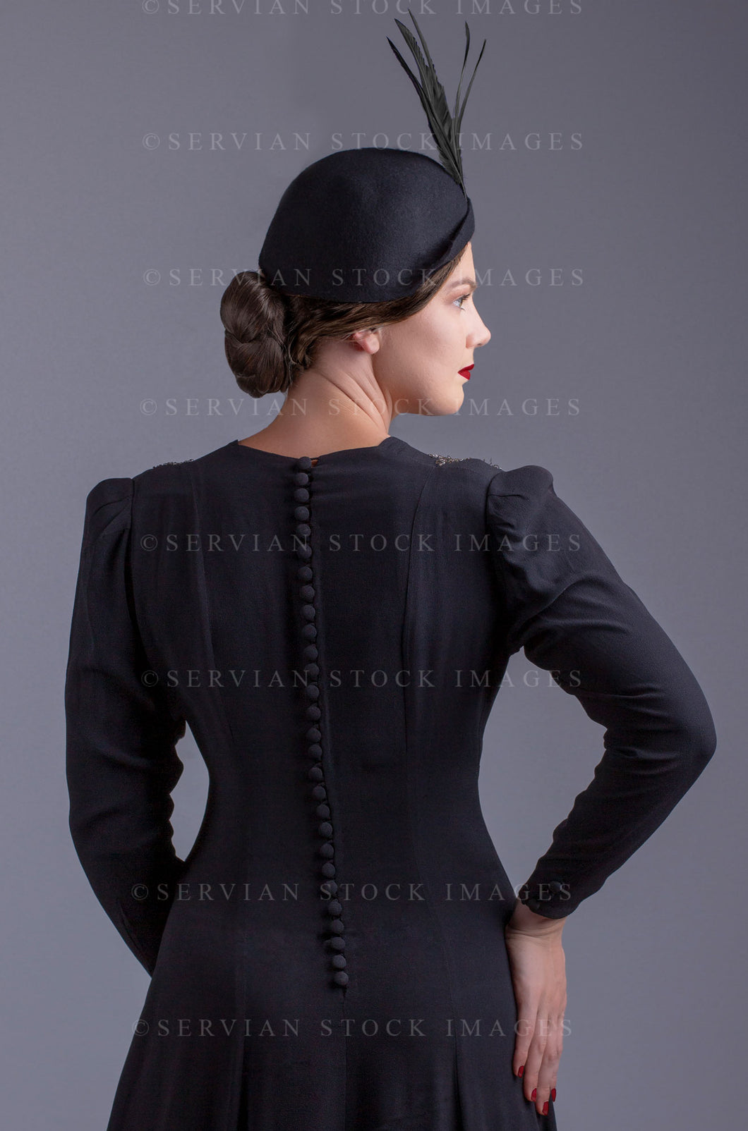 1930s woman in a vintage black, beaded dress (Tayla 0025)