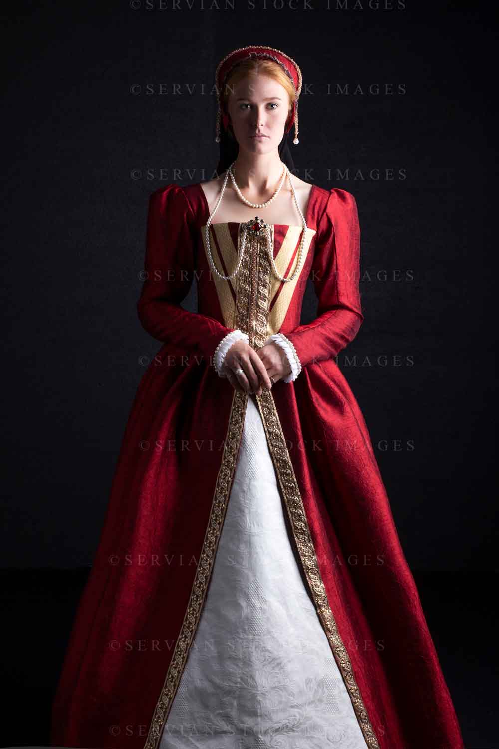 tudor ladies dress woman in an ornate red (Lauren 0212) – Servian Stock Images slicked back hair