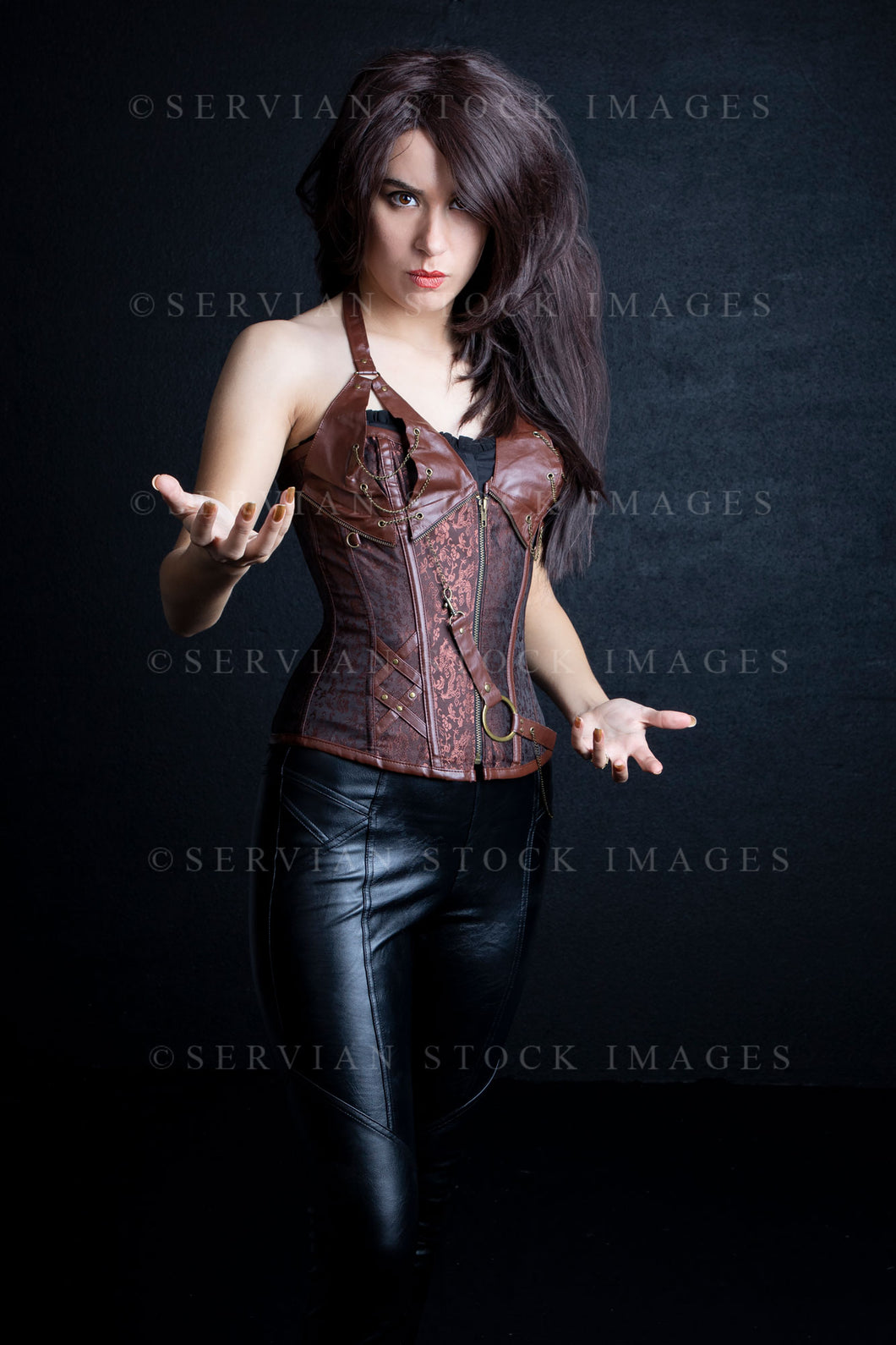 Urban fantasy woman with long brown hair and a brown corset (Sarah 9787)