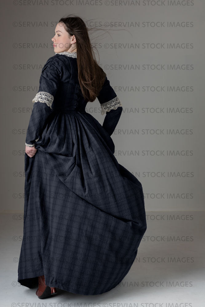 white christmas dresses Young Victorian woman wearing a grey/blue cotton dress with antique lace  trim (Kate 500)
