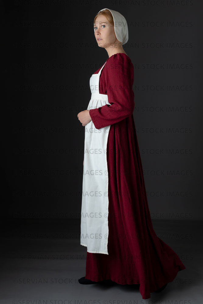Regency maid or working class woman wearing a red dress, apron, and cap  (Lauren 06381)