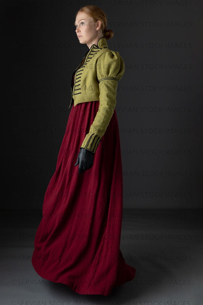 Regency woman wearing a red dress with a green linen spencer (Lauren 0 –  Servian Stock Images