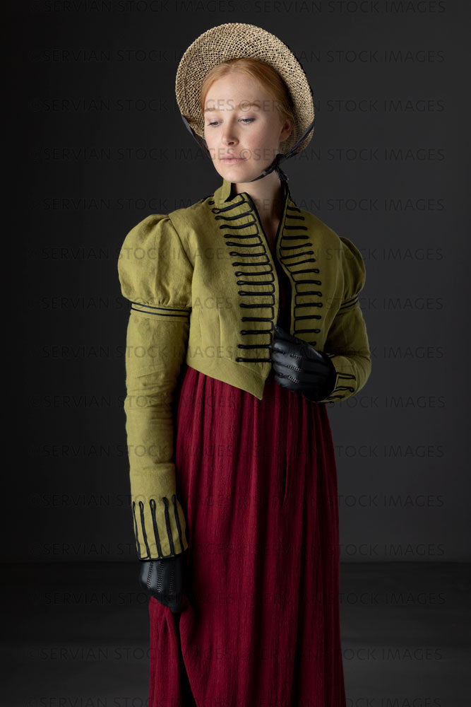 Regency woman wearing a red dress with a green linen spencer (Lauren 0 –  Servian Stock Images