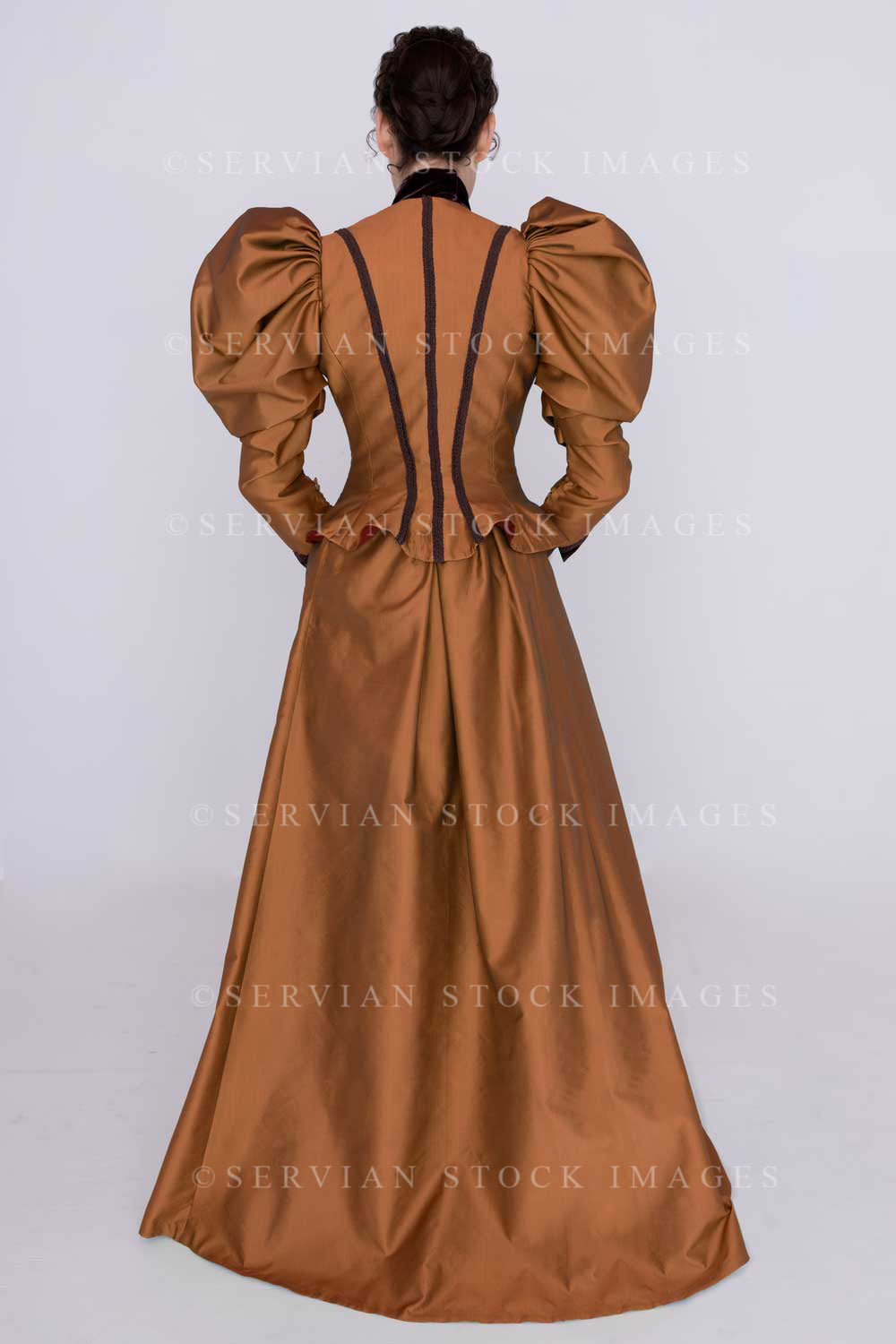 Victorian woman in bronze silk ensemble (Emma 2054)
