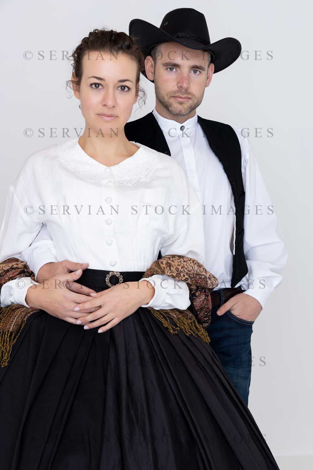 Victorian western settler pioneer couple against a white backdrop (Emma and Andrew 2362)