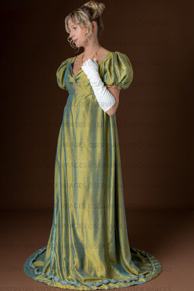 Regency woman wearing a green shot silk evening dress (Sherilyn 2610)