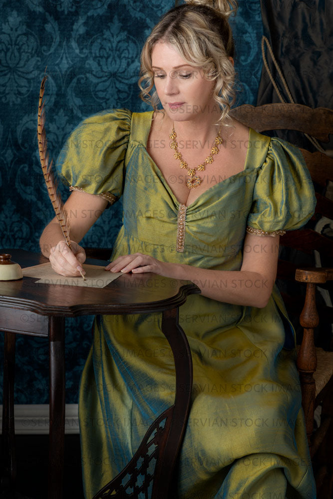 Regency woman wearing a green shot silk evening dress (Sherilyn 2650) Servian Stock Images Regency woman wearing a green shot silk evening dress (Sherilyn 2650) Servian Stock Images