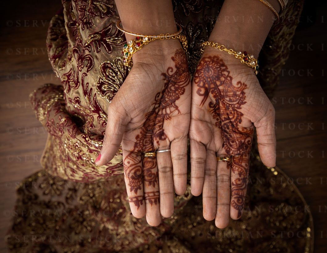 Woman wearing a sari and gold jewellery with mehendi on her hands (Shelaila 4416)