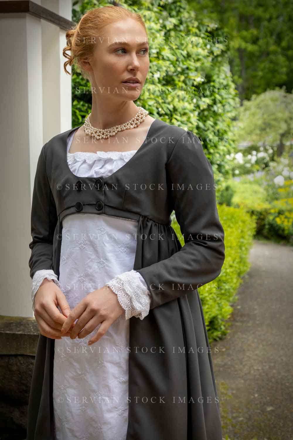 Regency woman in white muslin dress with a long spencer on top (Lauren –  Servian Stock Images