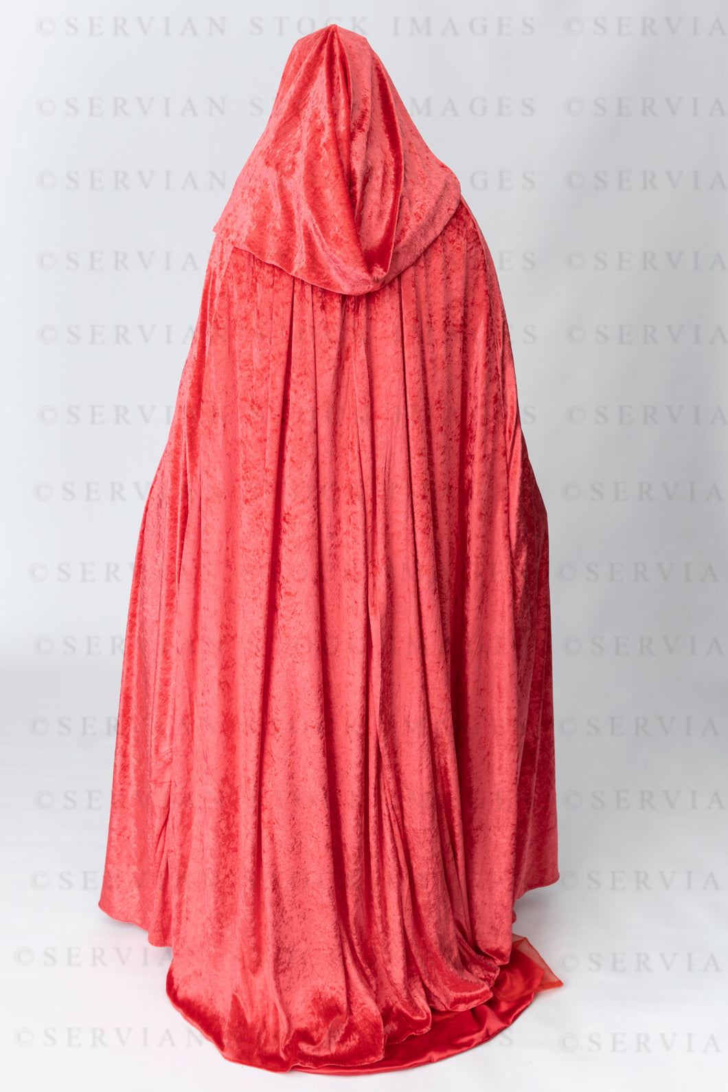Medieval or High fantasy woman in a long red velvet cloak shown from back view (Katherine 5059)