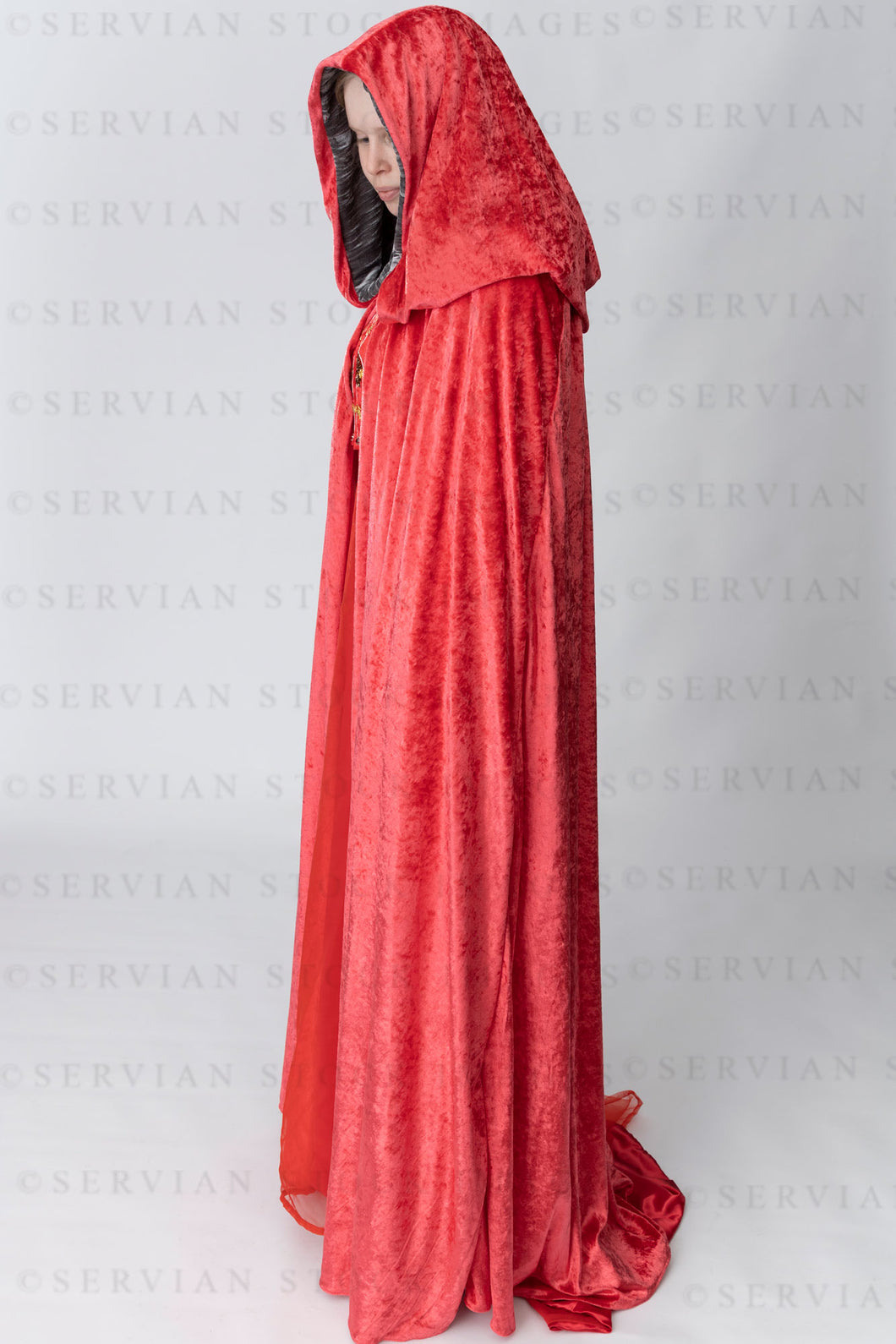 Medieval or High fantasy woman in a long red velvet cloak (Katherine5063)