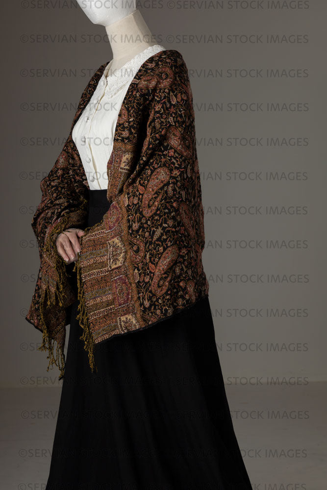 Mannequin with human hands wearing a Victorian Garibaldi blouse and black skirt (add your own human head)  (Quinn  5518