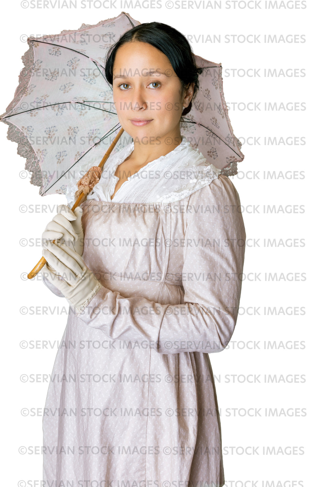 PNG - Regency woman wearing a cotton dress with a lace modesty shawl (Sylvia 5932PNG)
