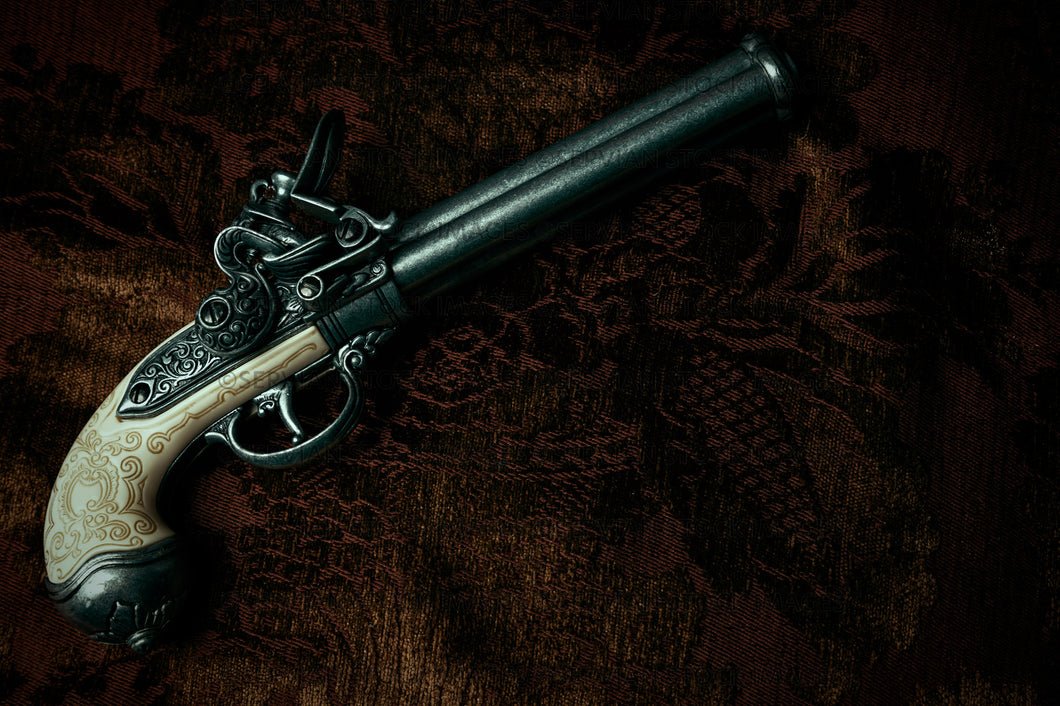 Still life -  Flintlock pistol on embossed red velvet  (KS 7410)