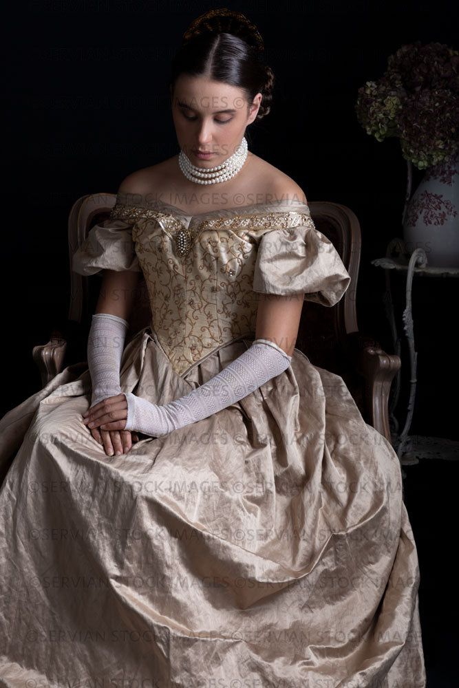 Victorian woman wearing a gold ball gown and long lace gloves (Sarah 1 Servian Stock Images Victorian woman wearing a gold ball gown and long lace gloves (Sarah 1 Servian Stock Images