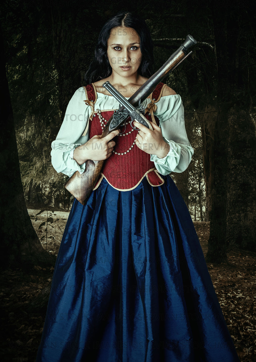 Pirate or Highway woman holding two pistols and composited into a forest background  (Sylvia pirate 1)