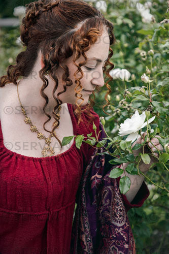 Regency woman wearing a red dress in a garden (Agnes 6826)