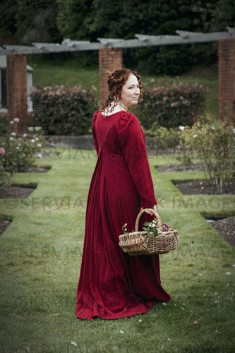 Regency woman wearing a red dress in a garden (Agnes 6854)