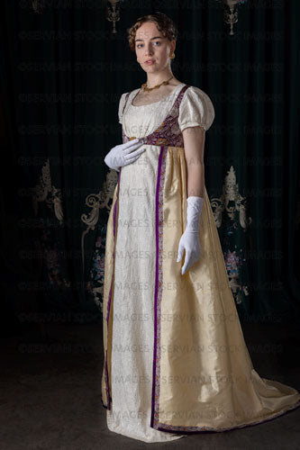 Regency woman wearing an embroidered dress and long spencer (Viola 7026)