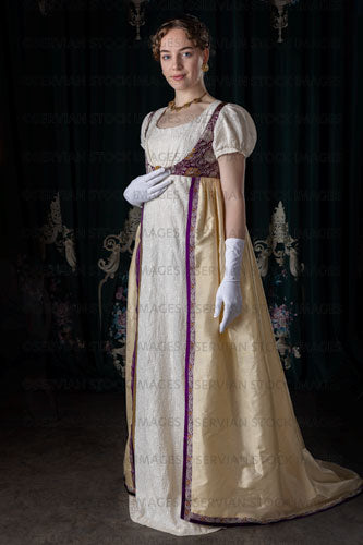Regency woman wearing an embroidered dress and long spencer (Viola 7028)