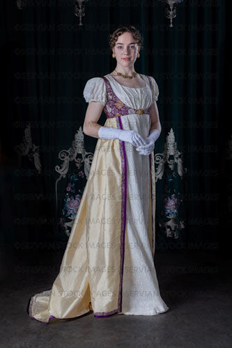 Regency woman wearing an embroidered dress and long spencer (Viola 7050)