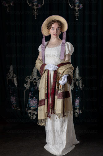 Regency woman wearing a day dress with a shawl and bonnet (Viola 7185)