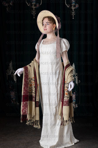 Regency woman wearing a day dress with a shawl and bonnet (Viola 7190)