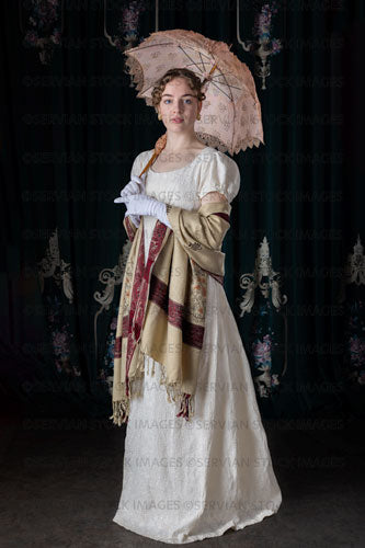 Regency woman wearing a day dress with a shawl and parasol (Viola 7202)