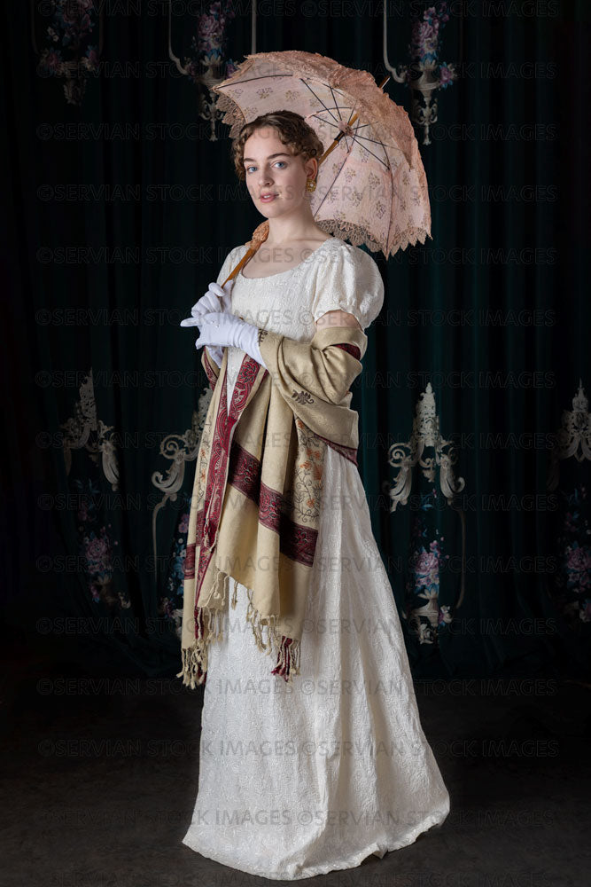 Regency woman wearing a day dress with a shawl and parasol (Viola 7207)