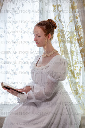 Regency woman wearing a cotton dress and surrounded by lace curtains (Liv 7965)