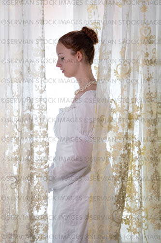 Regency woman wearing a cotton dress and surrounded by lace curtains (Liv 7983)