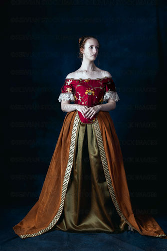 Renaissance/Georgian/Medieval woman wearing an embroidered silk ensemble (Liv 8092)
