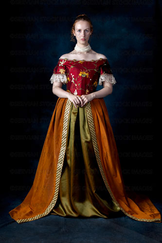 Renaissance/Georgian/Medieval woman wearing an embroidered silk ensemble (Liv 8097)