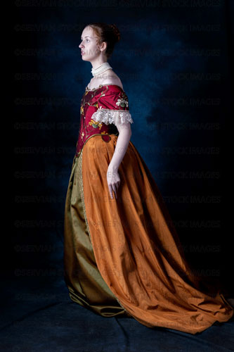 Renaissance/Georgian/Medieval woman wearing an embroidered silk ensemble (Liv 8110)