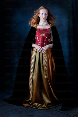 Renaissance/Georgian/Medieval woman wearing an embroidered silk ensemble (Liv 8158)