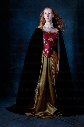 Renaissance/Georgian/Medieval woman wearing an embroidered silk ensemble (Liv 8161)