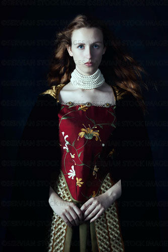 Renaissance/Georgian/Medieval woman wearing an embroidered silk ensemble (Liv 8182)