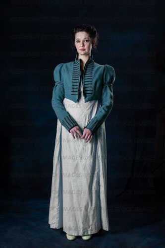 Regency woman wearing a blue cotton dress and a short spencer (Brigit 8548)