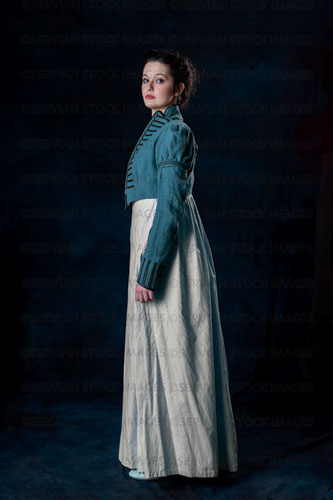 Regency woman wearing a blue cotton dress and a short spencer (Brigit 8554)