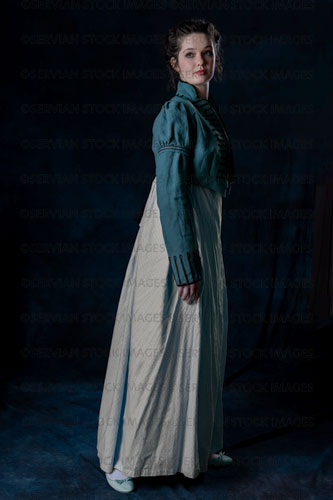 Regency woman wearing a blue cotton dress and a short spencer (Brigit 8559)