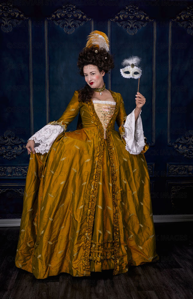 Georgian 18th century woman wearing a gold gown and holding a mask (emma 6754)