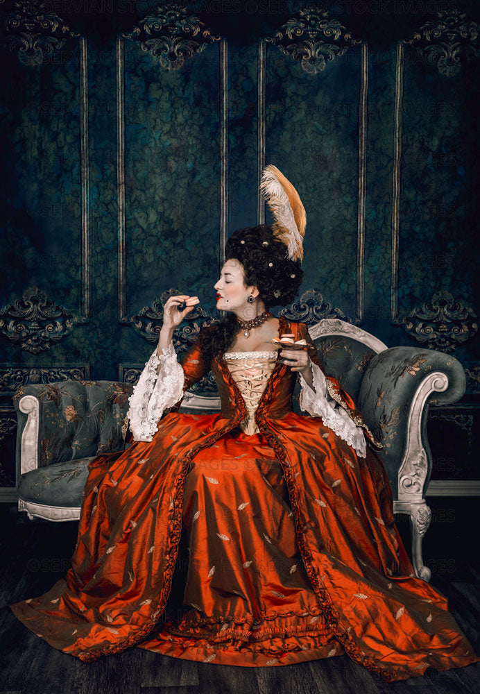Georgian 18th century woman wearing a silk gown and eating macarons (emma 6805)