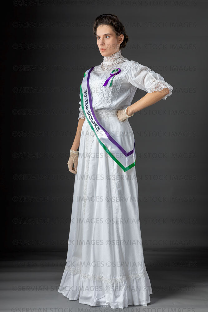 United Kingdom Suffragette from late 19th / early 20th century wearing a white lace blouse and skirt (SARAH 350UK)