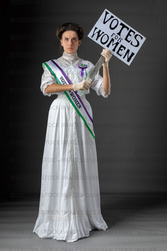 United Kingdom Suffragette from late 19th / early 20th century wearing a white lace blouse and skirt (SARAH 385UK)