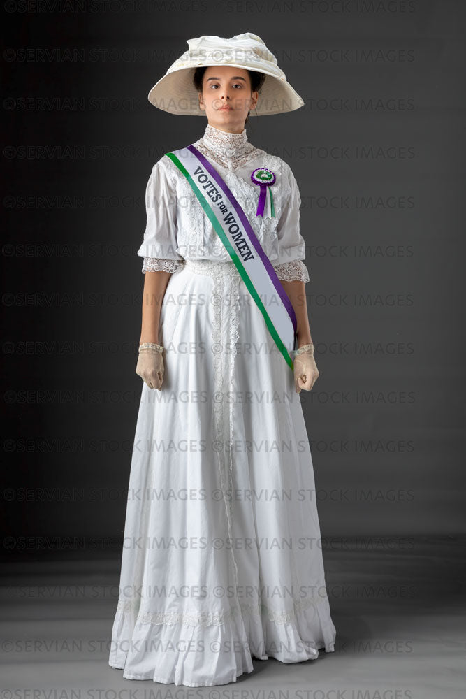 United Kingdom Suffragette from late 19th / early 20th century wearing a white lace blouse and skirt (SARAH 389UK)