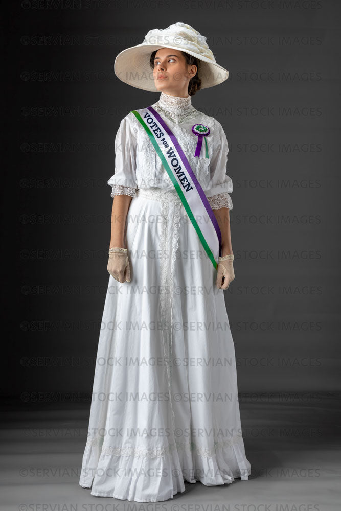 United Kingdom Suffragette from late 19th / early 20th century wearing a white lace blouse and skirt (SARAH 390UK)