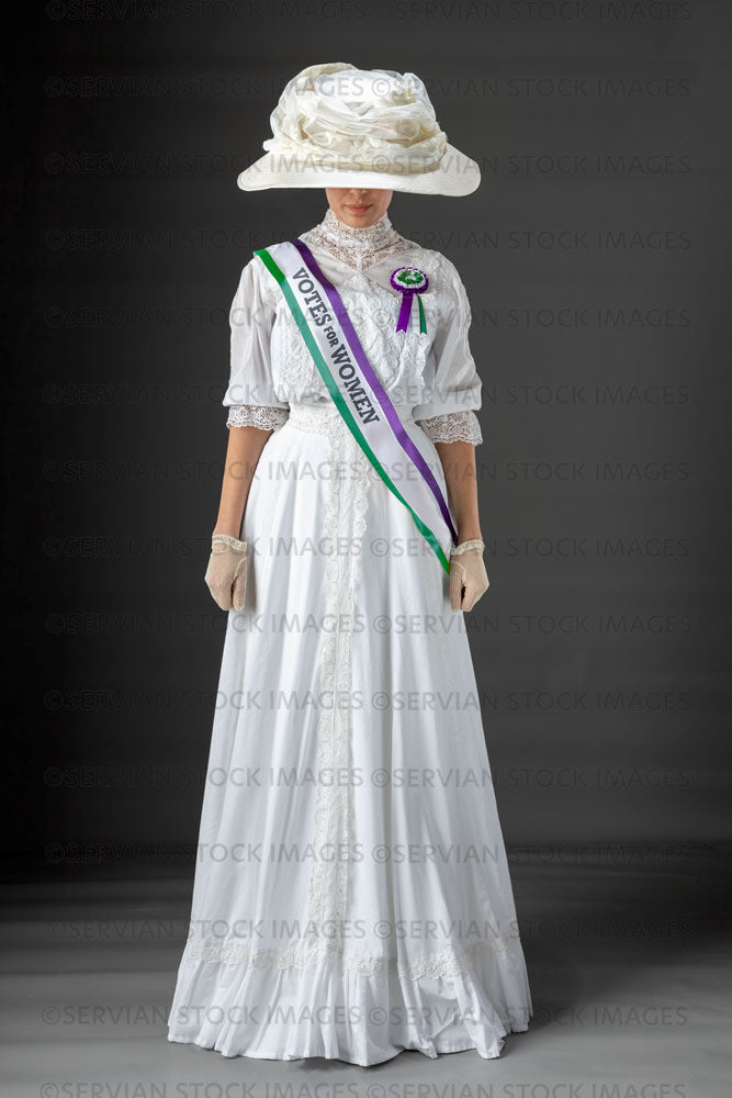 United Kingdom Suffragette from late 19th / early 20th century wearing a white lace blouse and skirt (SARAH 408UK)