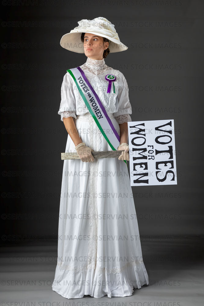 United Kingdom Suffragette from late 19th / early 20th century wearing a white lace blouse and skirt (SARAH 413UK)